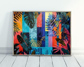 Regalo de arte abstracto de la jungla para amantes de la naturaleza Impresión abstracta colorida Arte geométrico llamativo Arte de la jungla tropical para una decoración maximalista del hogar
