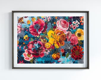 May include: A framed print of a colourful floral arrangement with red, yellow, pink, and blue flowers on a blue background with white and black geometric patterns.