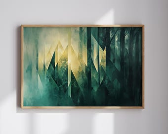 Arte abstracto de bosque para la decoración del hogar con motivos naturales Arte de paisaje forestal Regalo para amantes de la naturaleza Arte verde y dorado para la sala de estar Decoración moderna del hogar