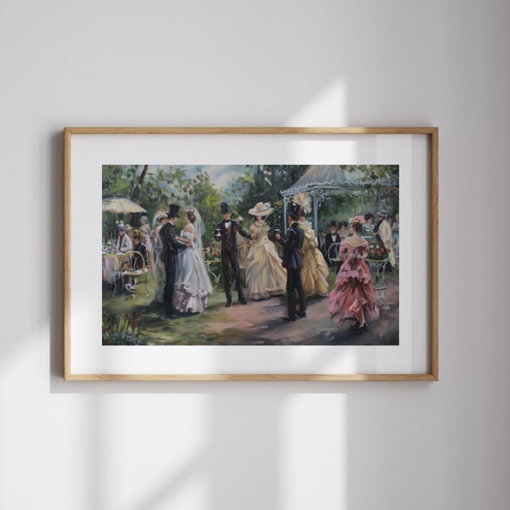 Victorian Garden Art Antique Oil Painting Print of Garden Tea