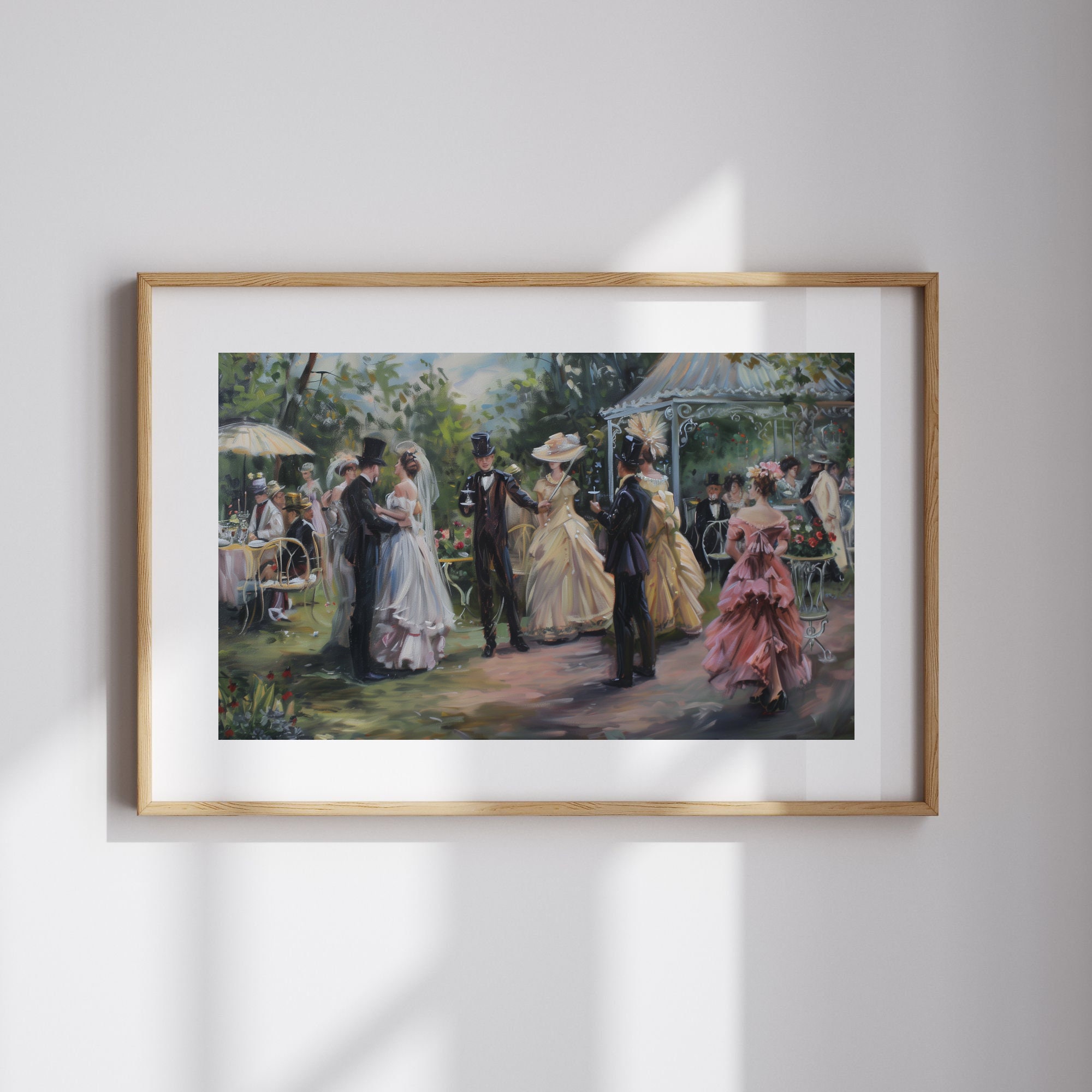 Victorian Garden Art Antique Oil Painting Print of Garden Tea
