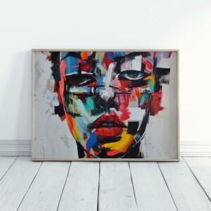 Abstraktes Gesichtskunst der weiblichen Porträt-Pose in den lebendigen Farben künstlerisches Design-maximalistisches Kunstwerk für die modernistische Inneneinrichtung