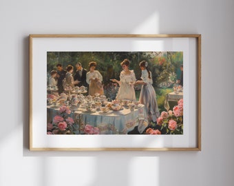 Victorian Garden Art Antique Oil Painting Print of Garden Tea