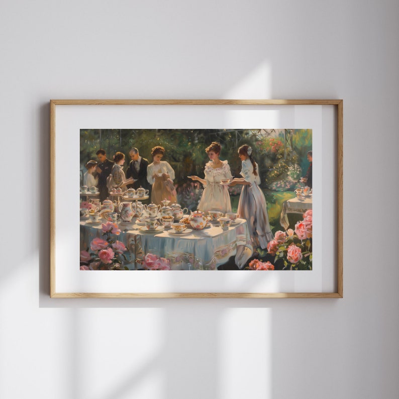 May include: A painting depicting a garden tea party with a group of people gathered around a table laden with teacups, teapots, and pastries. The scene is set in a lush garden with blooming pink roses and green foliage.