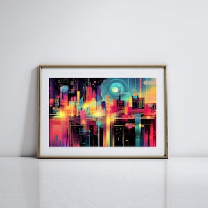 City Skyline Wall Art Vibrant Cityscape Print Colorful Abstract Art for Living Room Urban Art for City Decor Night City Art for Modern Decor