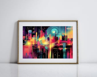 Arte de pared con horizonte de ciudad, impresión de paisaje urbano vibrante, arte abstracto colorido para sala de estar, arte urbano para decoración de ciudad, arte de ciudad nocturna para decoración moderna