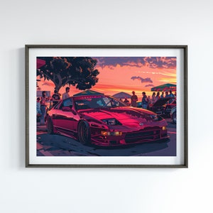 May include: A red Nissan 240SX sports car parked at a car meet with a group of people standing around it. The car has a black spoiler and black wheels. The background is a sunset sky with clouds.