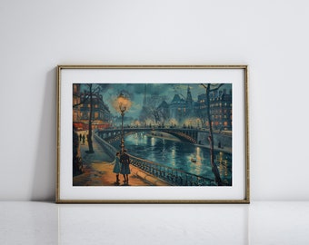 Arte parisino vintage para sala de estar Arte callejero de París para decoración del hogar parisino Arte romántico de pareja Impresión de pintura al óleo antigua Paisaje urbano de París