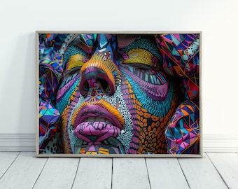 Abstract Face Art of Female Portrait Poses in Vibrant Colors Bold Artistic Design Maximalist Artwork for Modernist Home Decor