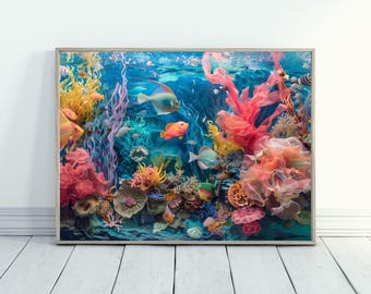 Zeedieren, onderwaterkunst, oceaanfantasie, zeeleven, echt en denkbeeldig, levendige kleuren, zeeleven, aquatisch decor, uniek kunstwerk