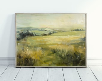 May include: A painting of a green field with a distant hill in the background. The sky is a light blue with some clouds. The field is painted in a loose, impressionistic style.