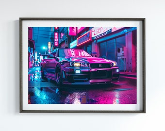 May include: A black and pink Nissan Skyline R34 sports car driving down a neon-lit street at night. The car is wet from the rain and the street is reflecting the neon lights.