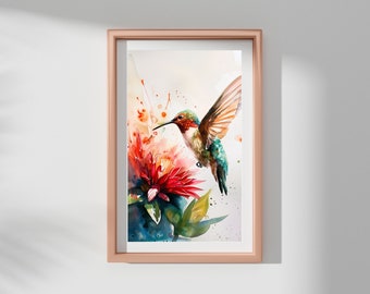 May include: A watercolor painting of a hummingbird in flight, with a vibrant red flower and green foliage. The hummingbird is green, blue, and red, with a long beak. The background is a soft, watercolor wash of pink and orange.