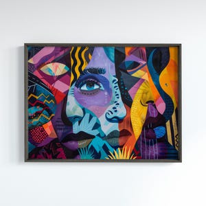 Arte facial abstracto de retratos femeninos en colores vibrantes, diseño artístico audaz, obra de arte maximalista para decoración modernista del hogar.