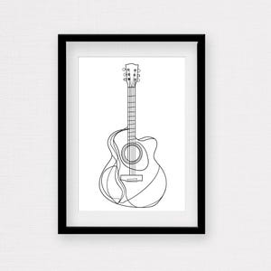 May include: A black and white line drawing of an acoustic guitar in a black frame.