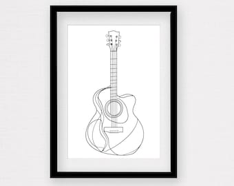 Guitarra, instrumento de cuerda, arte lineal simple, elegante obra de arte moderna, decoración de pared elegante, ilustración minimalista, regalo de músico, arte contemporáneo para el hogar