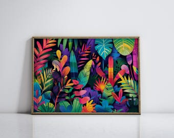 Regalo de arte abstracto de la jungla para amantes de la naturaleza Impresión abstracta colorida Arte geométrico llamativo Arte de la jungla tropical para una decoración maximalista del hogar
