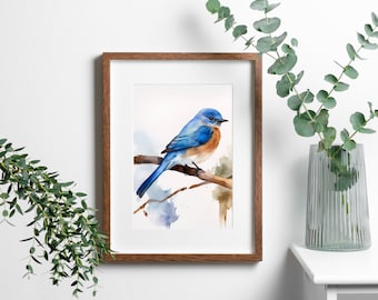 May include: A watercolour painting of a bluebird perched on a branch. The bird is blue with a brown breast and a long, thin beak. The background is a soft, watercolour wash of blue and green.