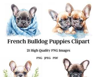 May include: Four watercolor illustrations of French Bulldog puppies. One puppy is wearing a blue scarf, two puppies are cuddling, one puppy is playing with a ball, and one puppy is holding a teddy bear.