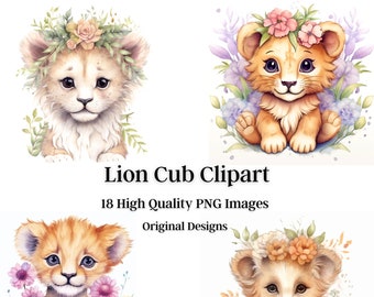 Cute Lion Cub Clip Art, 18 High Quality Images, Digital Download, Digital Paper, Invitations, Print, Digital Art, Sublimation, Botanical