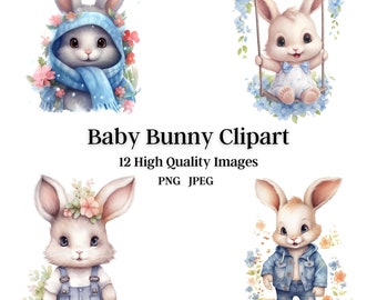 Cute Bunny Clip Art, 12 High Quality Images, Digital Download, Digital Paper, Invitations, Print, Wall Art, Sublimation, Cards, Stickers