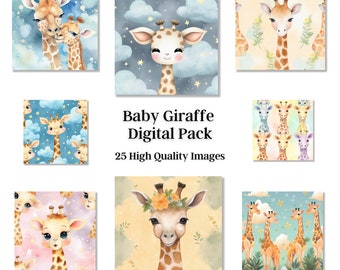 Baby Giraffe Watercolor Bundle, Cute Clip Art, Zoo Animals, Transparent PNGs, Cards, invitation Stickers, Baby Giraffe Silhouette, Wall Art