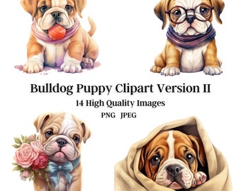 Bulldog Puppy Clip Art Version II, 14 High Quality Images, Digital Paper, Invitations, Wall Art, Sublimation, Cards, Stickers