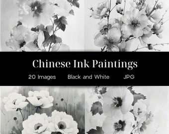 Chinese Ink Paintings, Black and White, Elegant and Detailed Images, Flowers