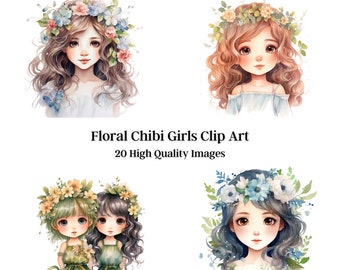 Floral Chibi Girl Clip Art, 20 High Quality Images, Digital Paper, Invitations, Wall Art, Sublimation, Cards, Stickers, Bags, Shirts