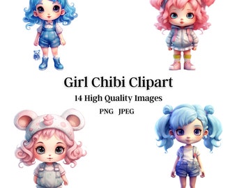 Chibi Girl Character Clip Art, 14 High Quality Images, Digital Download, Digital Paper, Invitations, Print, Wall Art, Sublimation, Cards