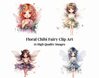 Floral Chibi Fairy Clip Art, 14 High Quality Images, Digital Paper, Invitations, Wall Art, Sublimation, Cards, Stickers, Bags, Shirts