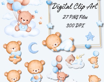 Blue Baby Bear Clip Art Bundle, High Quality, Digital Paper, Craft, Cards, Digital & Print Invitations, Instant Download, Baby Clip Art