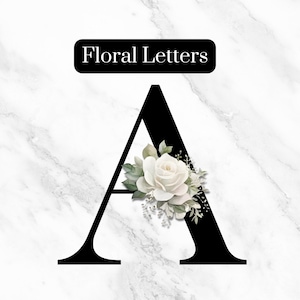 Clip Art de letras florales en blanco y negro, alfabeto decorativo, letras adornadas, naturaleza, elegante, invitaciones, tarjetas, sublimación, impresión