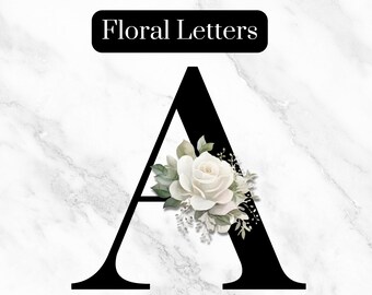 Black and White Floral Letter Clip Art, Decorative Alphabet, Ornate Letters, Nature, Elegant, Invitations, Cards, Sublimation, Print