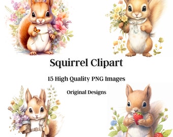 Cute Squirrel Clip Art, 15 High Quality Images, Digital Download, Digital Paper, Invitations, Print, Digital Art, Sublimation, Botanical
