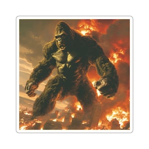 May include: A large, green, hairy gorilla stands in a city with flames and smoke in the background. The gorilla is roaring with its mouth open, showing its teeth. The city is in ruins, with buildings on fire.