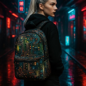 Könnte beinhalten: Ein Rucksack mit einem Leiterplattenmuster in Grün, Orange und Gelb. Die Person, die den Rucksack trägt, ist in einem schwarzen Kapuzenpullover in einer neonbeleuchteten Gasse. Das Design erinnert an eine Computer-Hauptplatine.