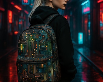 Cyberpunk Circuit Board Backpack | Futuristic Tech Pattern Laptop Bag | Neon School Travel Gift