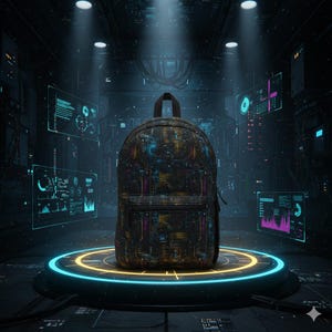 Könnte beinhalten: Ein dunkler Rucksack mit Leiterplatten-Design, mit einer Vordertasche und einem oberen Griff. Die Tasche wird auf einer kreisförmigen Plattform mit blauem und gelbem Neonlicht präsentiert, umgeben von Bildschirmen, die Datenvisualisierungen anzeigen.