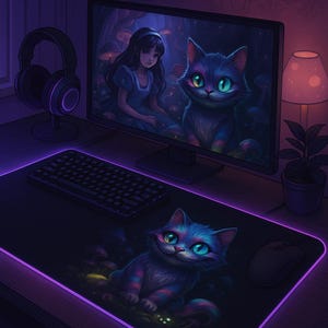 Könnte beinhalten: Eine schwarze Gaming-Mausmatte mit einem violetten Rand und einer bunten Katzenillustration. Die Katze sitzt auf einem Bett aus Pilzen. Die Mausmatte liegt auf einem Schreibtisch mit einer Tastatur, einem Computermonitor und einem Headset.