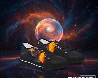 Wolf Spirit Women's Sneakers | Cosmic Fire Wolf Low Top Shoes | Abstract Galaxy Streetwear Footwear