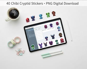Adesivi per planner digitali Chibi Cryptids: 40 PNG kawaii per Goodnotes, Notability e adesivi stampabili