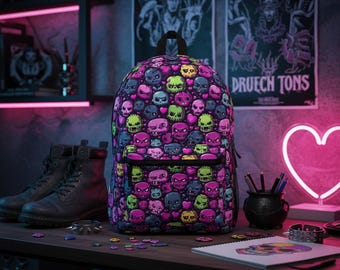 Skull & Floral Backpack Set in Black with Teal, Pink and Cream Accents Skull and Black Rose Pattern Backpack | Gothic Floral Skull  main image 4