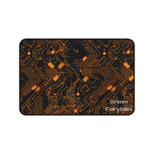 May include: A black and orange circuit board design with the text "Grimm Fairytales" in white.