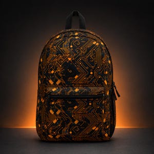 May include: Black backpack with an orange circuit board pattern. The backpack has a front pocket, a top handle, and a zipper closure. The design resembles the internal components of a computer.