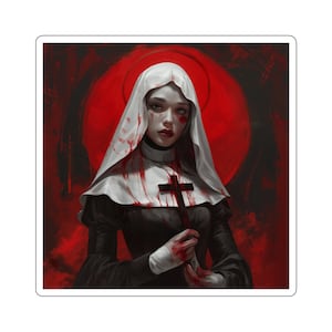 May include: A woman dressed in a white nun's habit with blood splatters on it. She is holding a wooden cross and has a red halo behind her head. The background is a dark red.