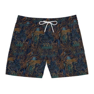 Dark Circuit Board Swim Shorts Tech-Inspired Design Men&#39;s Fashion Swimwear