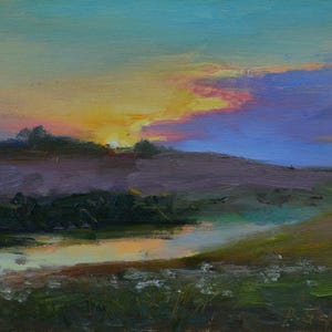 Peinture originale de paysage coucher de soleil sur une rivière calme huile sur toile peinture à l&#39;huile impressionniste en plein air originale dans un cadre