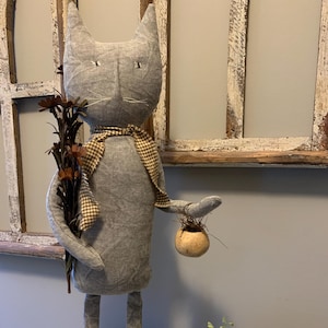 Primitive Standing Fabric Cat with Fall Flowers & Gourd – Rustic Autumn Decor- Folk Art
