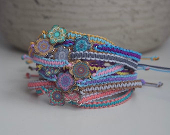 Boho Mandala Flower Charm Bracelet – Adjustable Waterproof Macrame